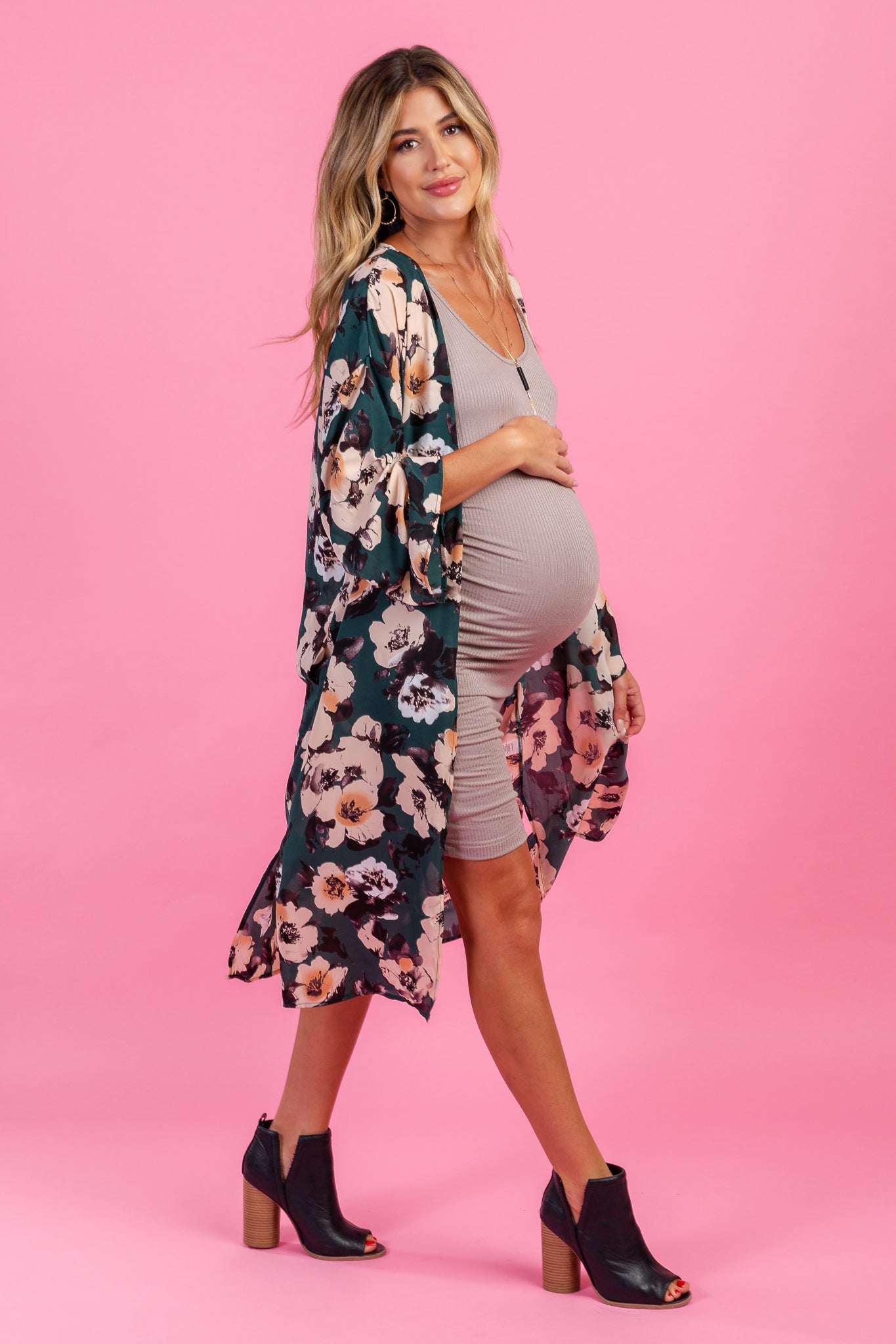 PinkBlush Green Floral Print Chiffon Long Maternity Cover Up