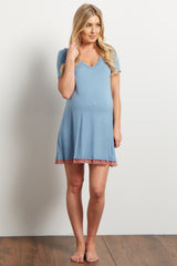 Blue Lace Trim V-Neck Maternity Sleep Dress
