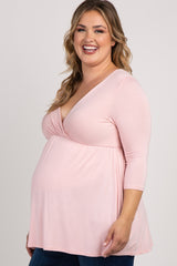 Pink Draped Front 3/4 Sleeve Maternity/Nursing Plus Top