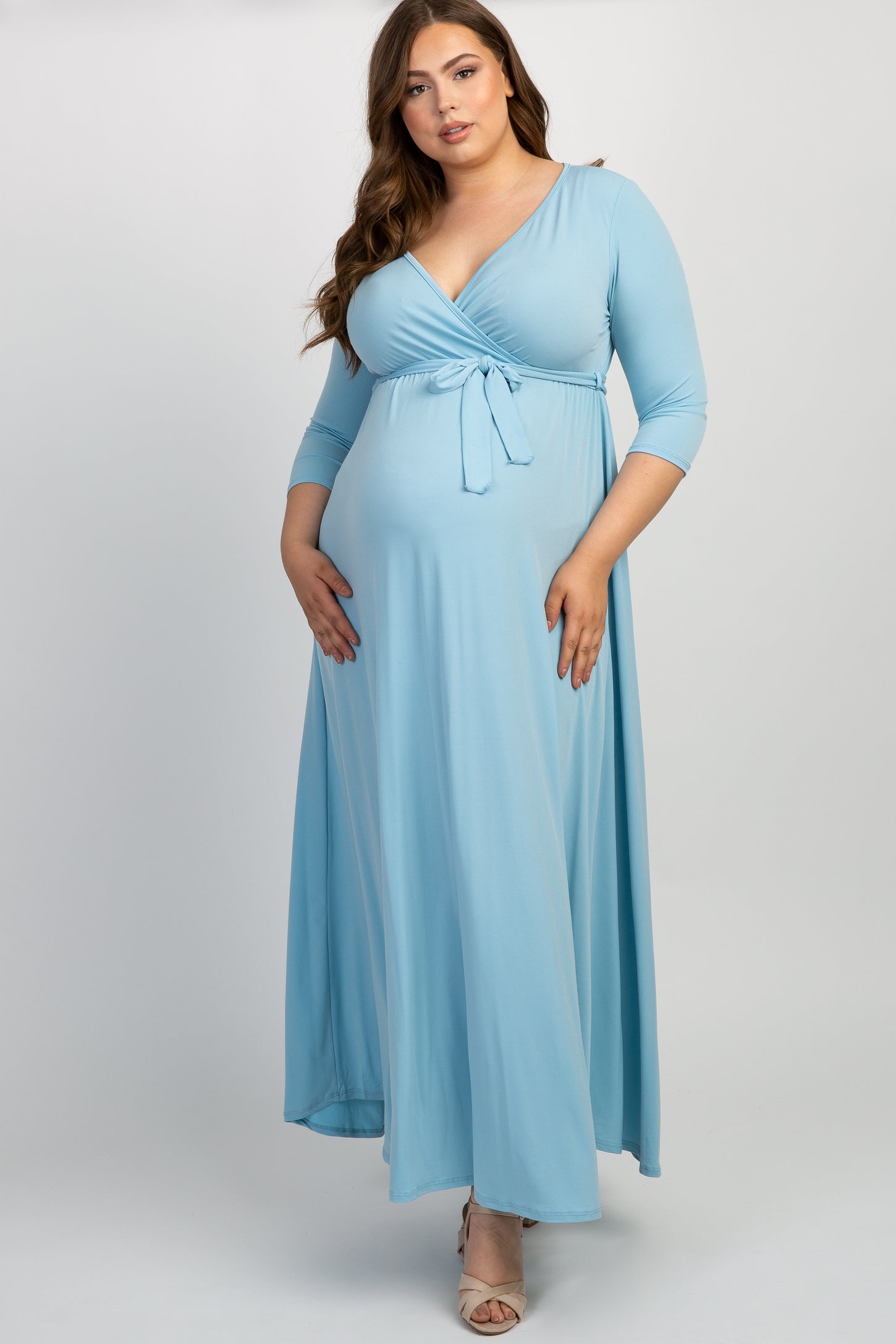 PinkBlush Light Blue Draped 3/4 Sleeve Plus Maternity Maxi Dress