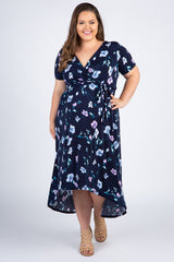 Navy Floral Hi-Low Plus Maternity Wrap Dress