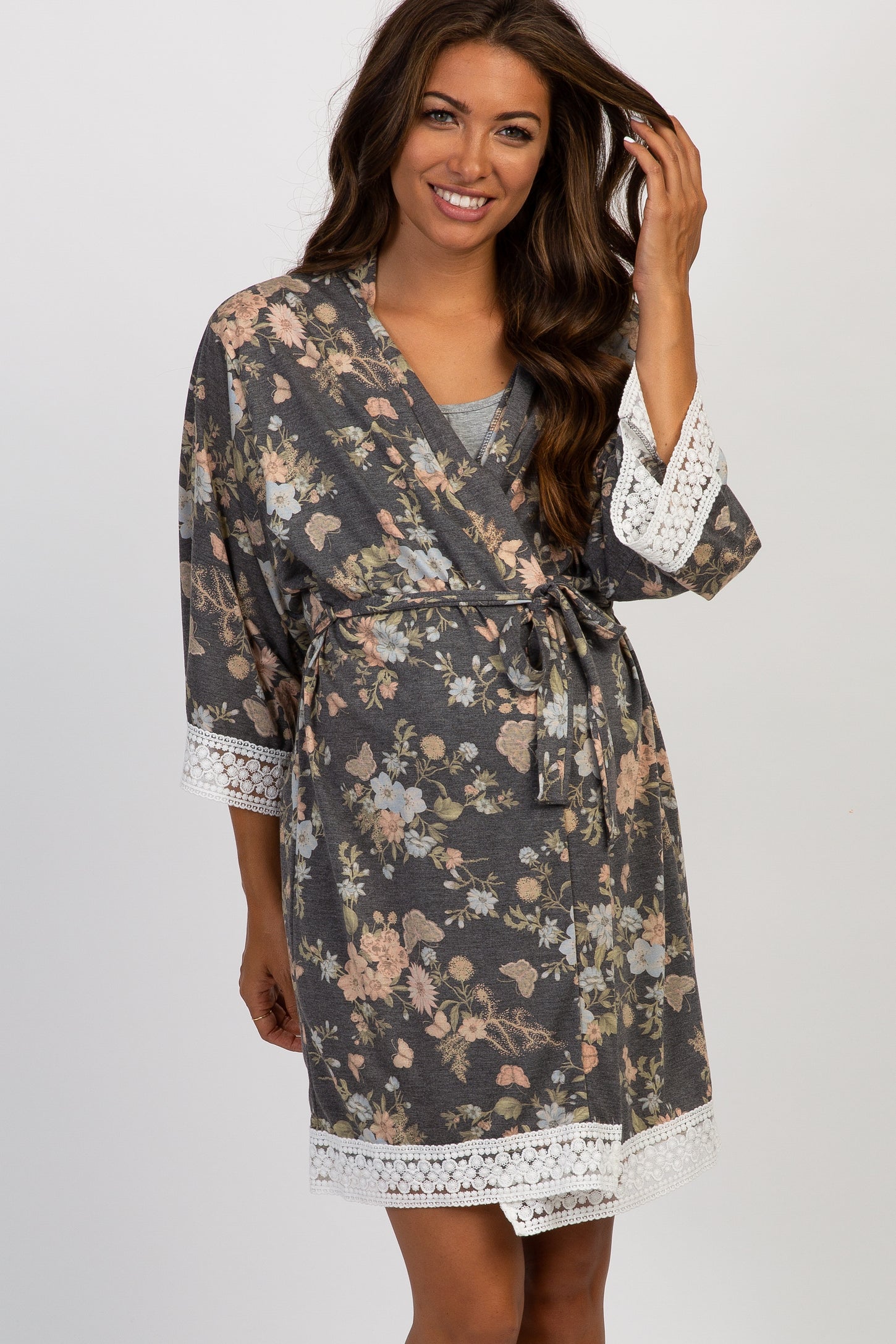 PinkBlush Charcoal Floral Crochet Trim Delivery/Nursing Maternity Robe