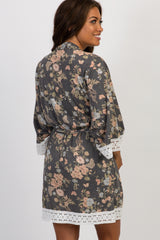 PinkBlush Charcoal Floral Crochet Trim Delivery/Nursing Maternity Robe