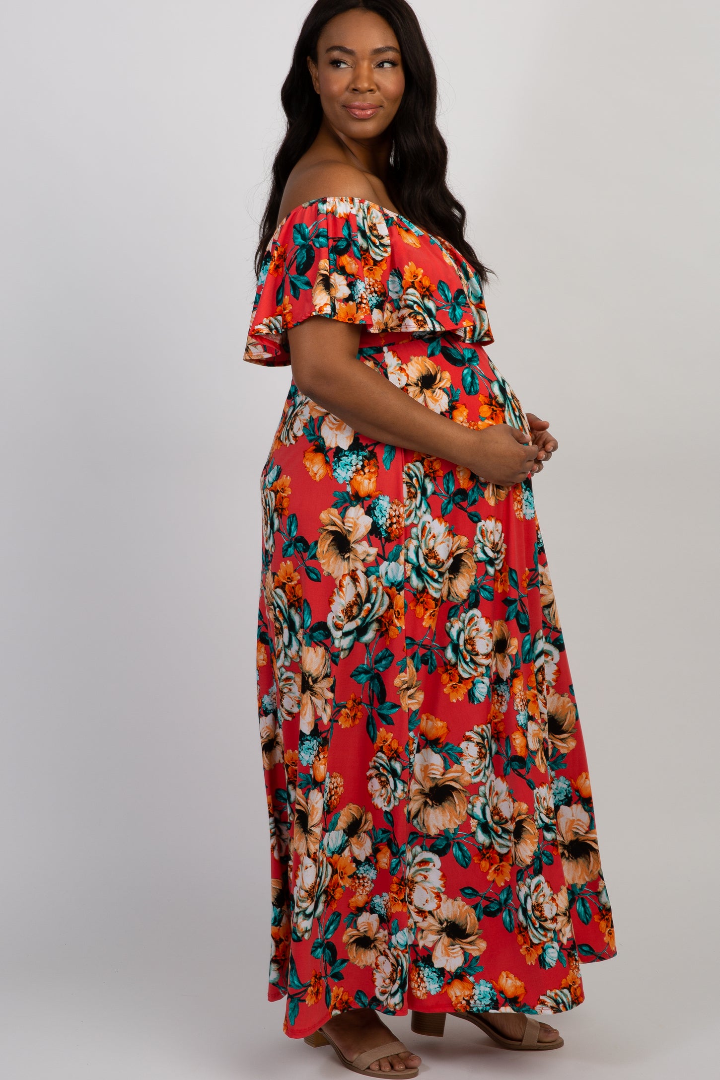 PinkBlush Coral Floral Off Shoulder Plus Maternity Maxi Dress