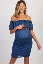 PinkBlush Blue Lace Off Shoulder Fitted Maternity Dress