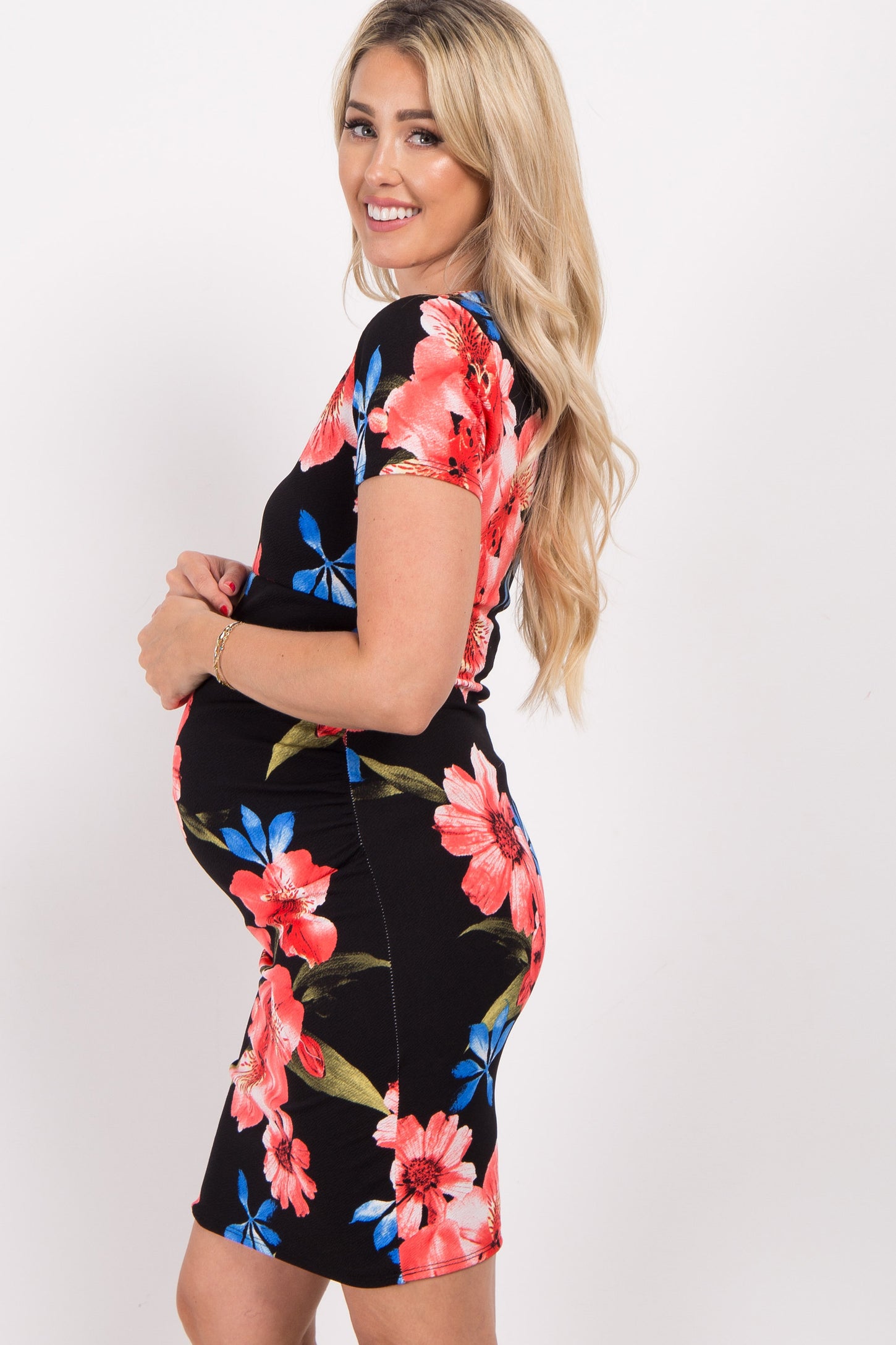 Black Floral Fitted Maternity Dress