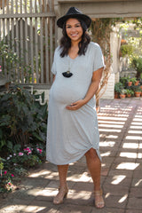 Heather Grey Short Sleeve Knot Plus Maternity Dress
