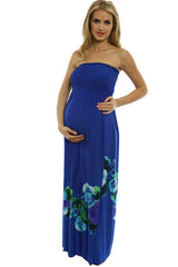 Blue Flower Print Maxi Maternity Dress