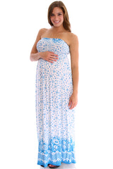 Blue Print Strapless Maxi Maternity Dress