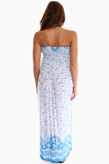 Blue Print Strapless Maxi Maternity Dress