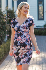 Navy Blue Floral Fitted Wrap Maternity Dress