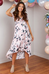 Tall Pink Floral Hi-Low Maternity Wrap Dress