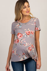 PinkBlush Taupe Floral Maternity Knot Top