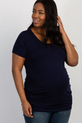 PinkBlush Navy Blue Ruched Short Sleeve Plus Maternity Top