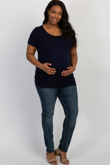 PinkBlush Navy Blue Ruched Short Sleeve Plus Maternity Top