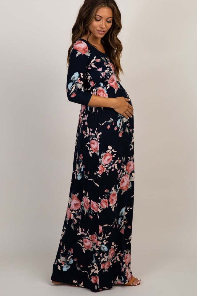 Navy Rose Floral Maternity Maxi Dress