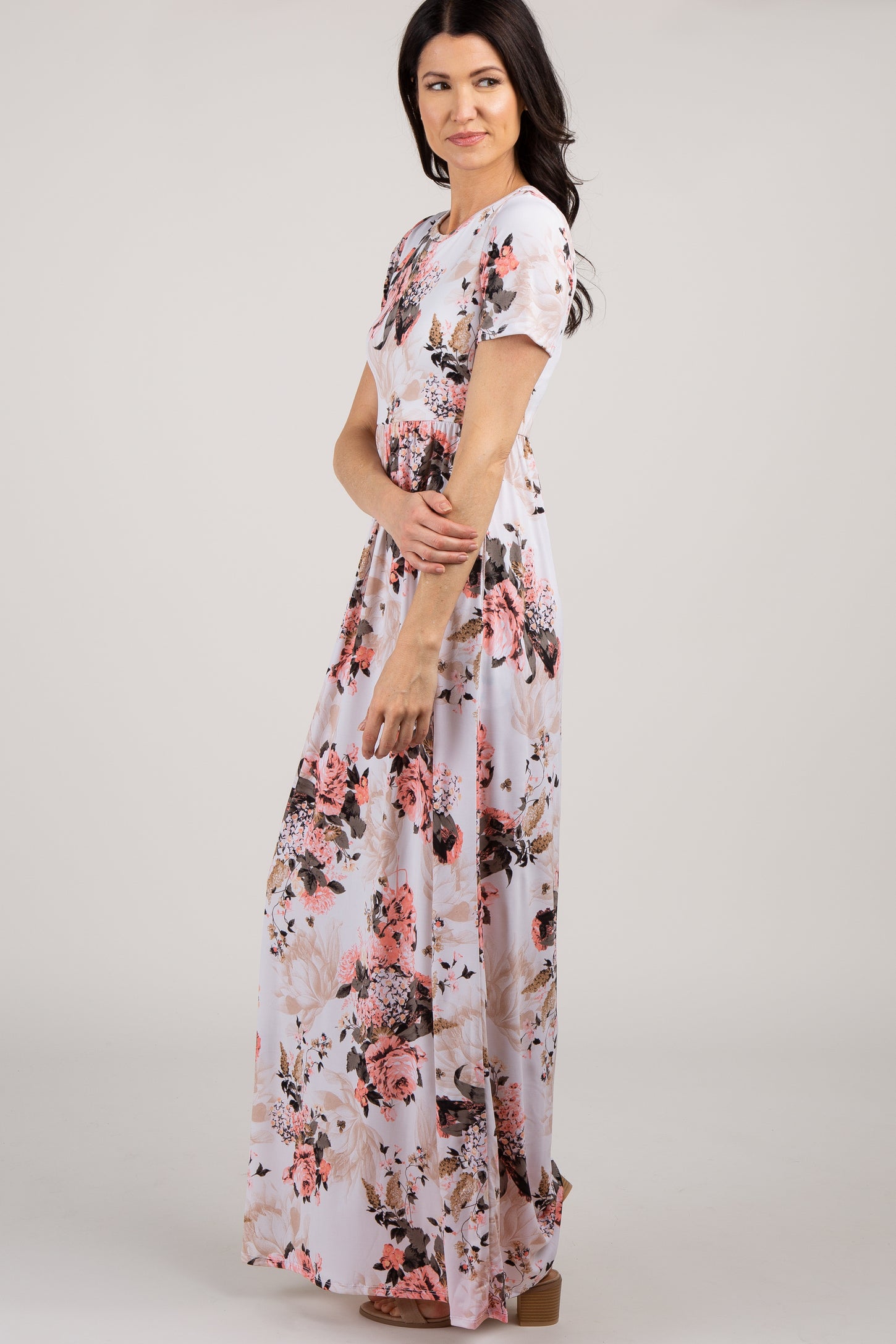 Peach Floral Short Sleeve Maxi Dress
