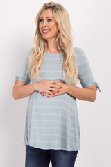 Sage Thin Striped Sleeve Tie Maternity Top