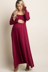 PinkBlush Petite Dark Burgundy Solid Off Shoulder Maternity Maxi Dress
