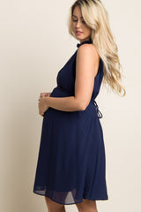 Navy Blue Chiffon High Neck Maternity Dress