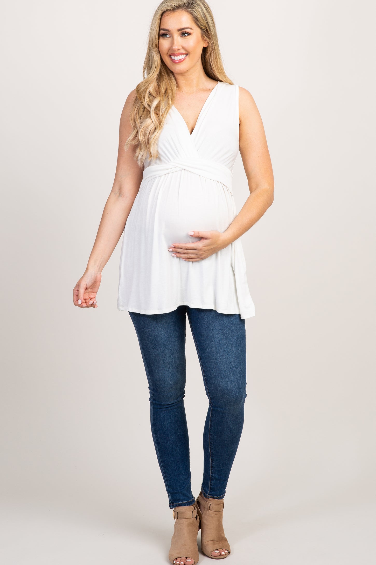 PinkBlush Ivory Sleeveless Draped Front Maternity/Nursing Top