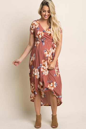 Rust Floral Hi-Low Maternity Wrap Dress