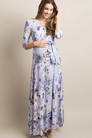 PinkBlush Lavender Abstract Floral Sash Tie Maternity/Nursing Maxi Dress