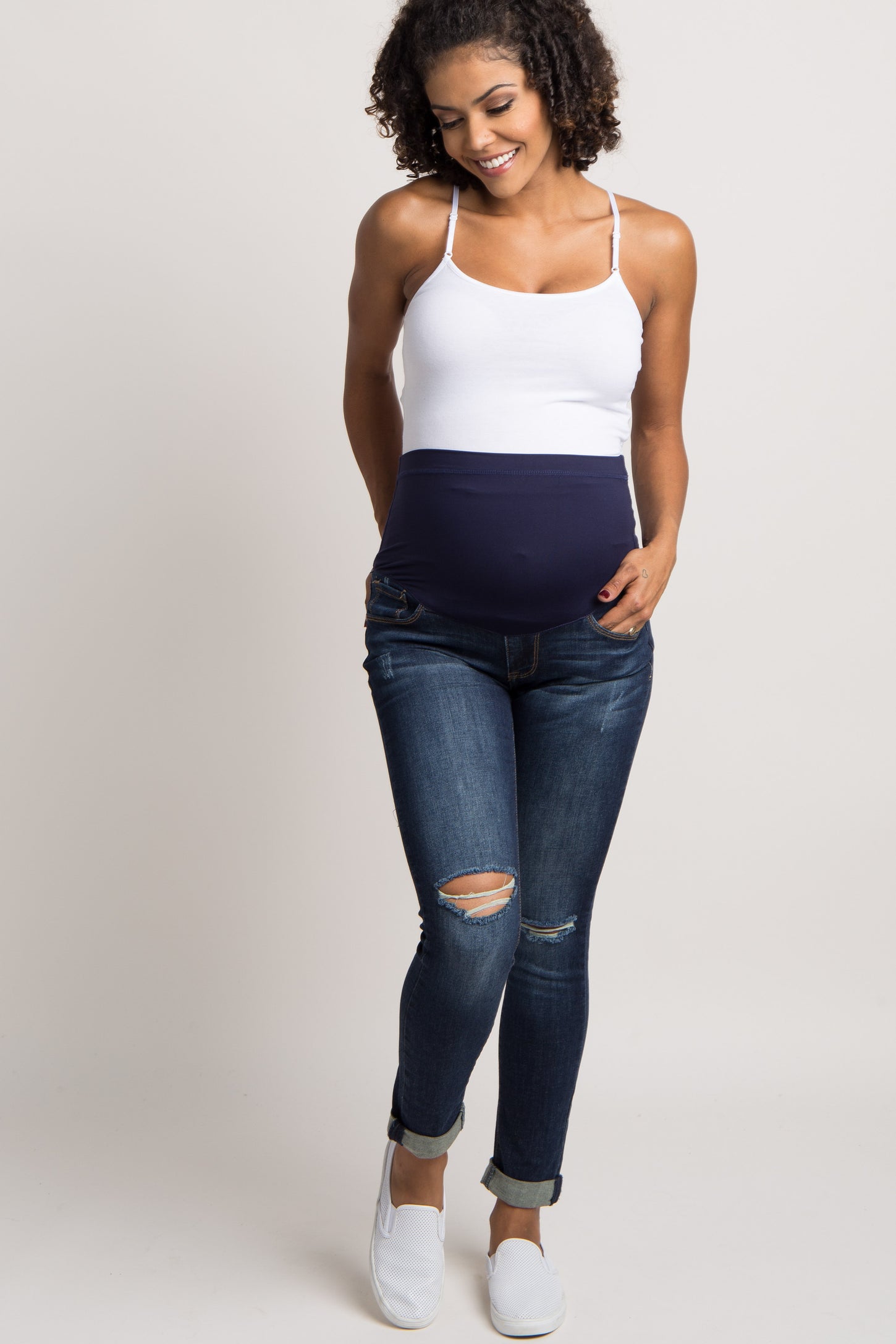 Navy Blue Ripped Knee Cuffed Maternity Jeans