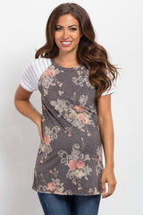 Charcoal Grey Floral Colorblock Striped Sleeve Maternity Top