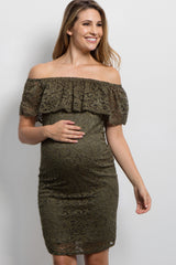 PinkBlush Olive Lace Off Shoulder Fitted Maternity Dress