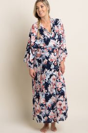 Navy Floral Delivery/Nursing Long Maternity Robe