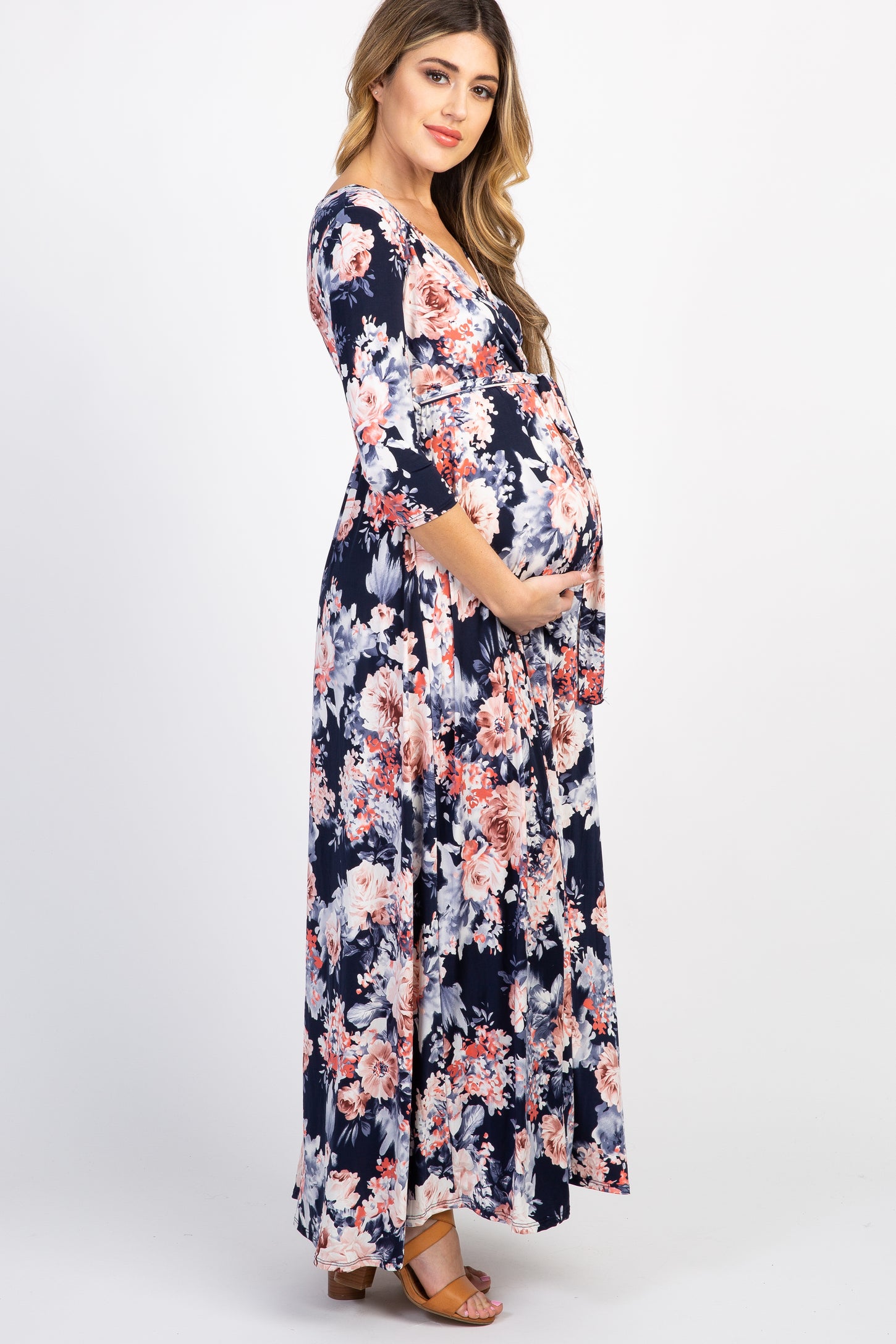 PinkBlush Petite Navy Blue Floral Maternity/Nursing Wrap Dress