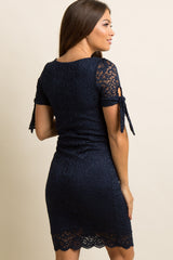 Navy Lace Overlay Sleeve Tie Fitted Maternity Dress