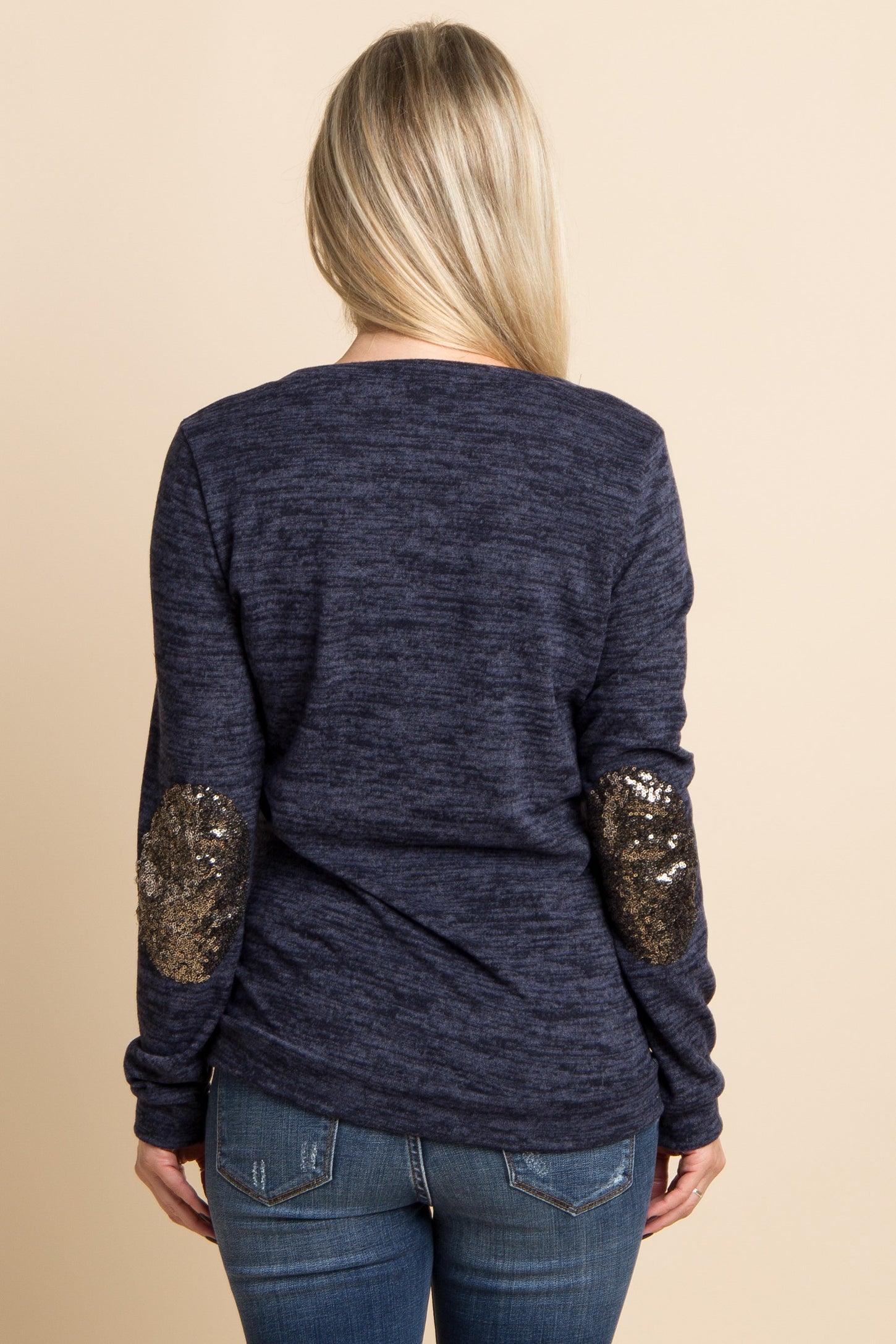 Navy Heathered Sequin Elbow Patch Maternity Sweater