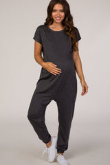 PinkBlush Charcoal Heathered Short Sleeve Maternity Jumpsuit