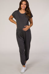 PinkBlush Charcoal Heathered Short Sleeve Maternity Jumpsuit