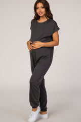 PinkBlush Charcoal Heathered Short Sleeve Maternity Jumpsuit