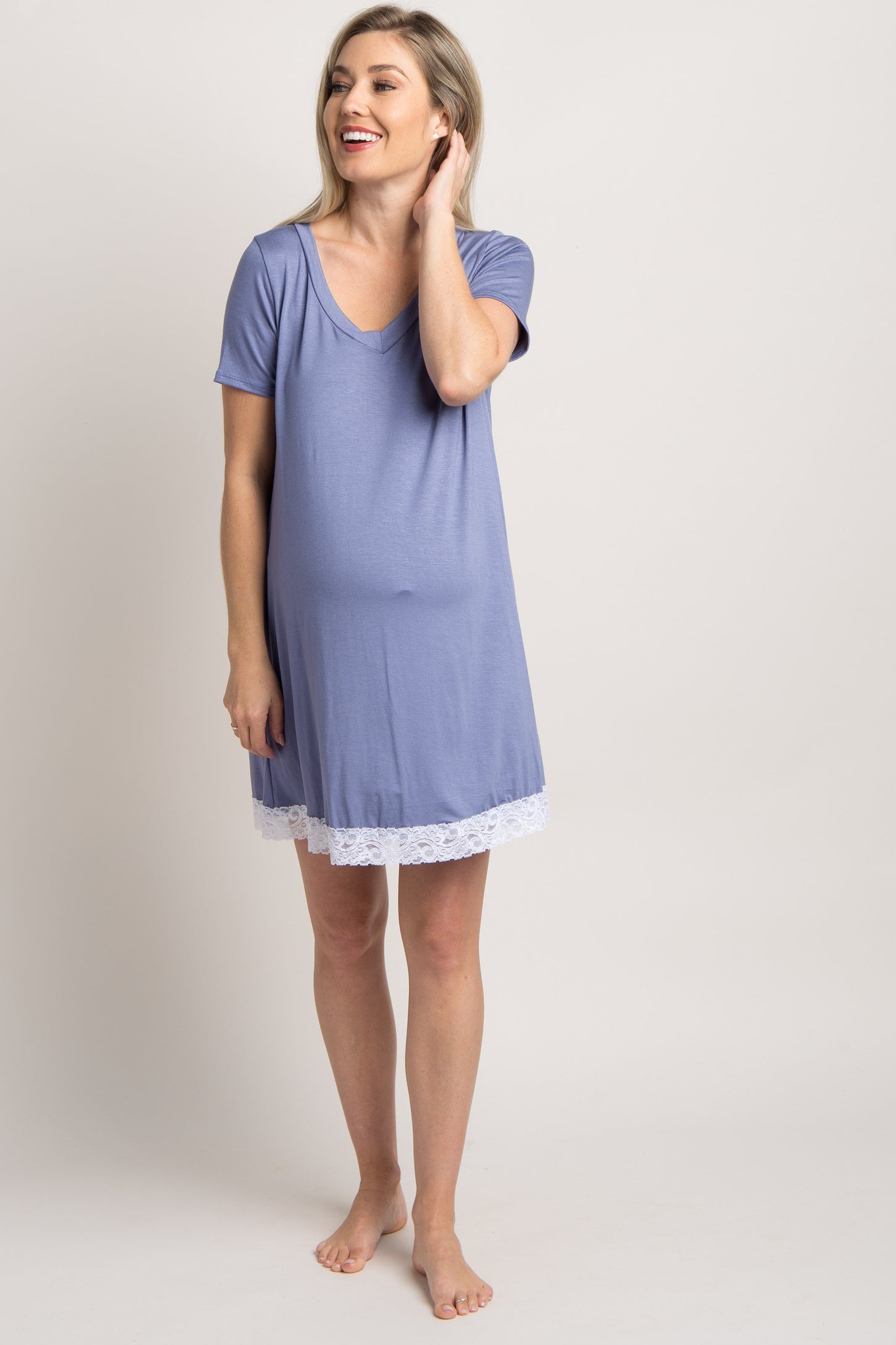 PinkBlush Light Blue Lace Trim V-Neck Maternity Sleep Dress