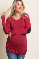 Red Plaid Elbow Patch Maternity Top