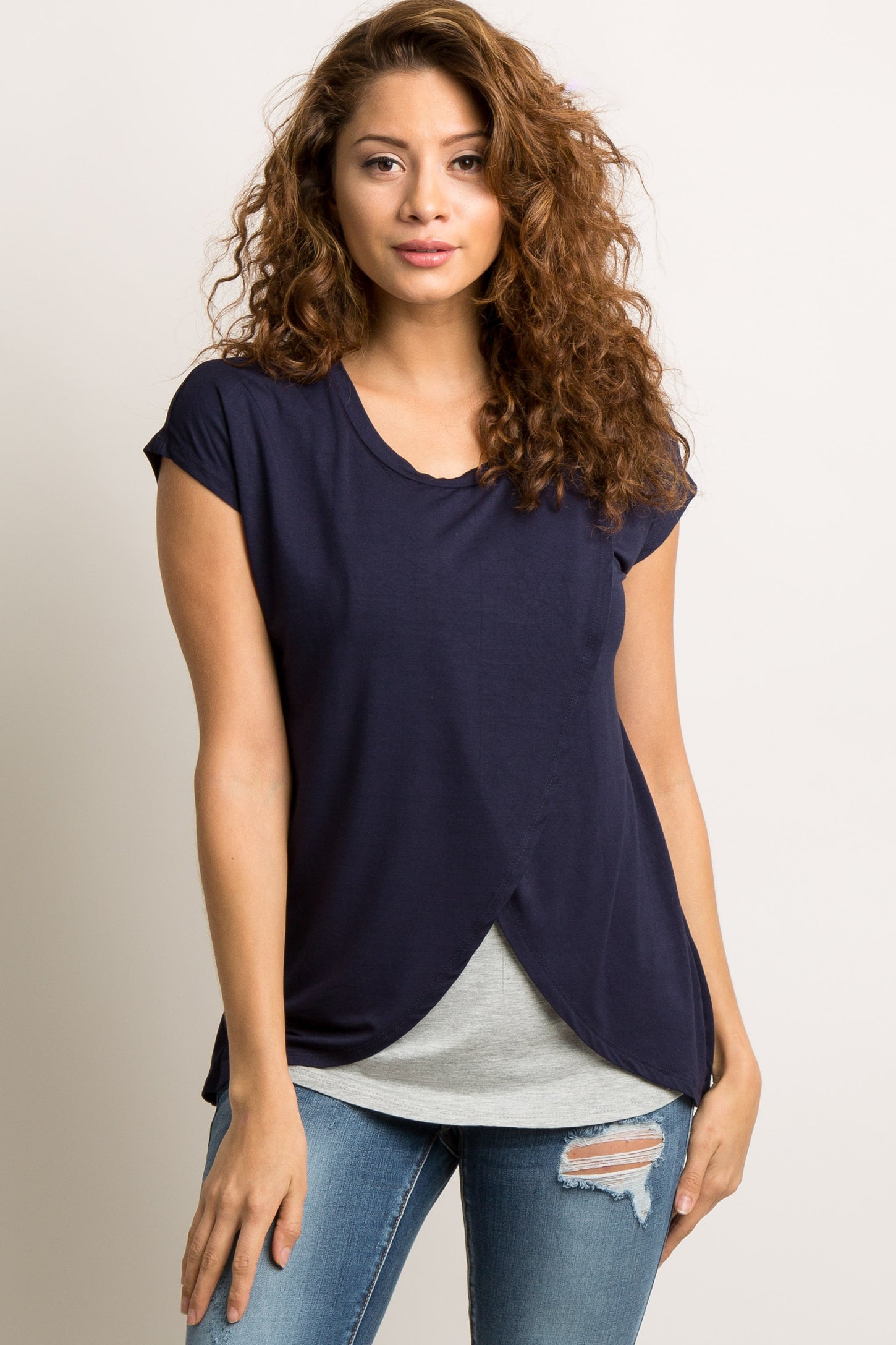 Navy Blue Layered Wrap Front Maternity/Nursing Top