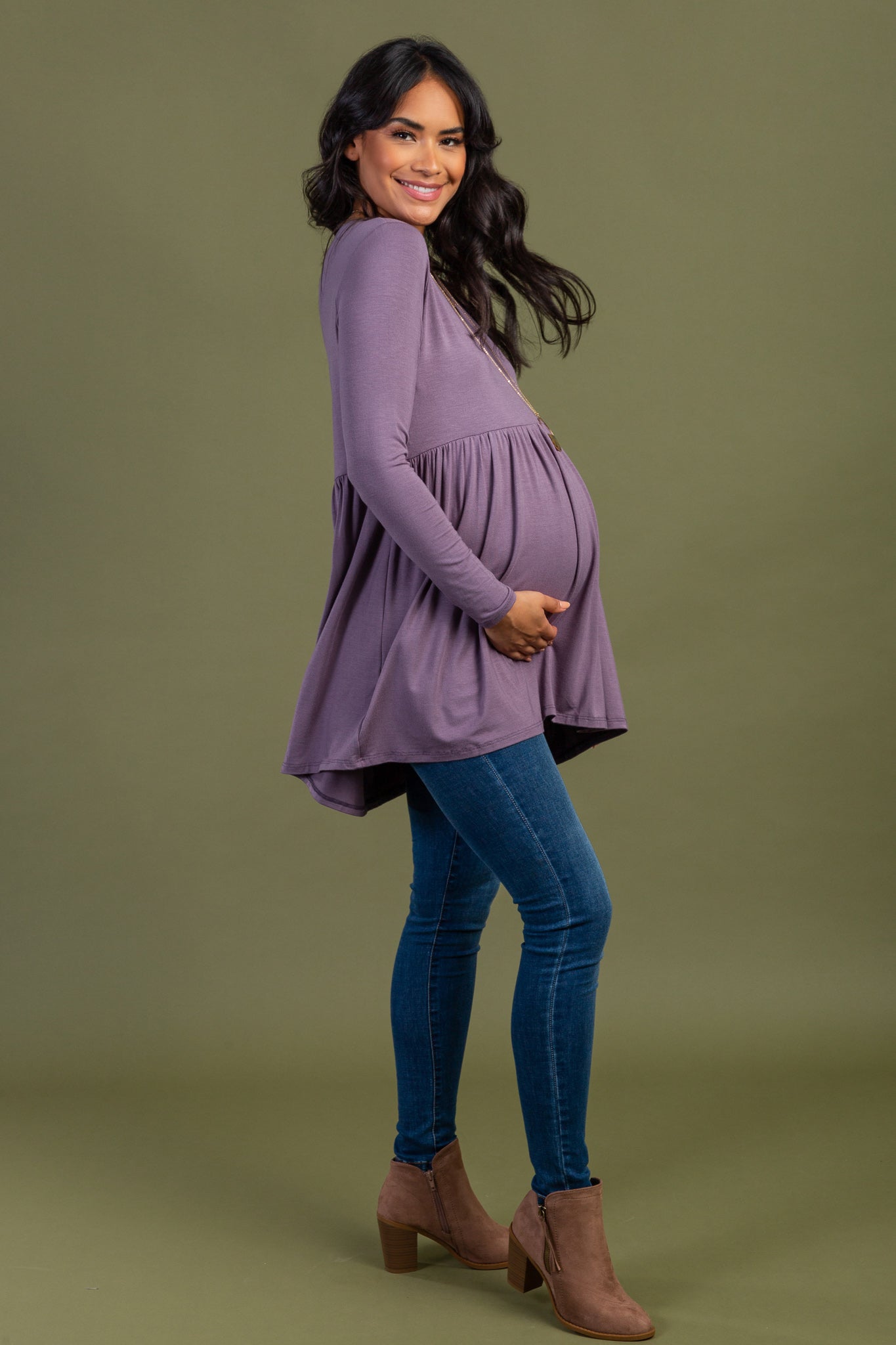 Purple Solid Long Sleeve Peplum Maternity Top