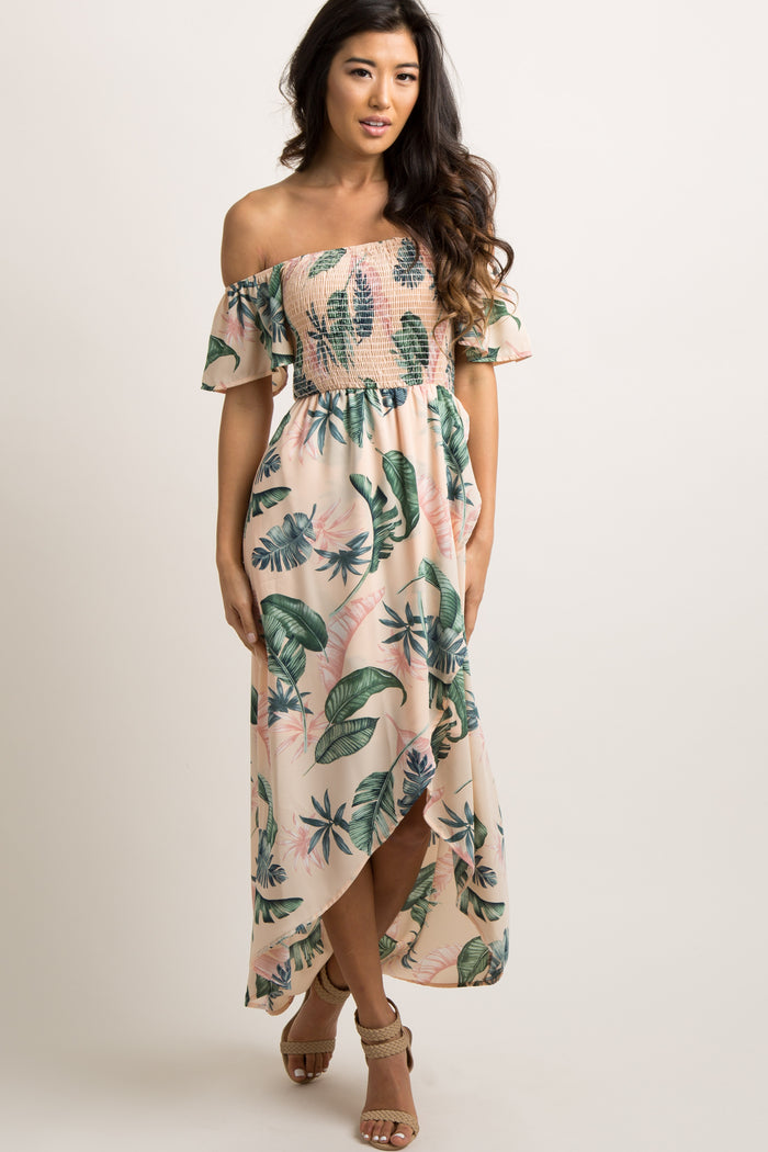PinkBlush Peach Leaf Print Smocked Off Shoulder Dress