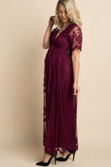 Burgundy Lace Mesh Overlay Maxi Dress