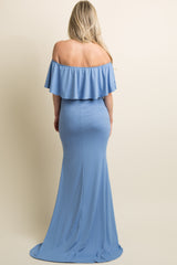 Blue Ruffle Off Shoulder Mermaid Maternity Photoshoot Gown/Dress