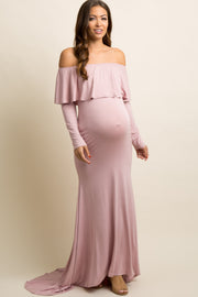 PinkBlush Mauve Off Shoulder Ruffle Maternity Photoshoot Gown/Dress