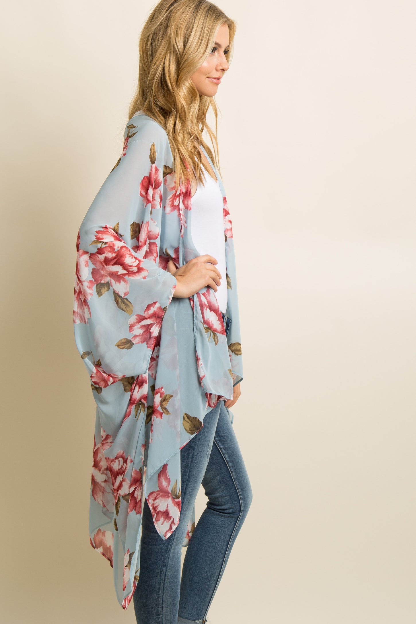 Light Blue Floral Chiffon Draped Cover Up