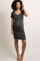 PinkBlush Charcoal Grey Basic Ruched Fitted Maternity Dress
