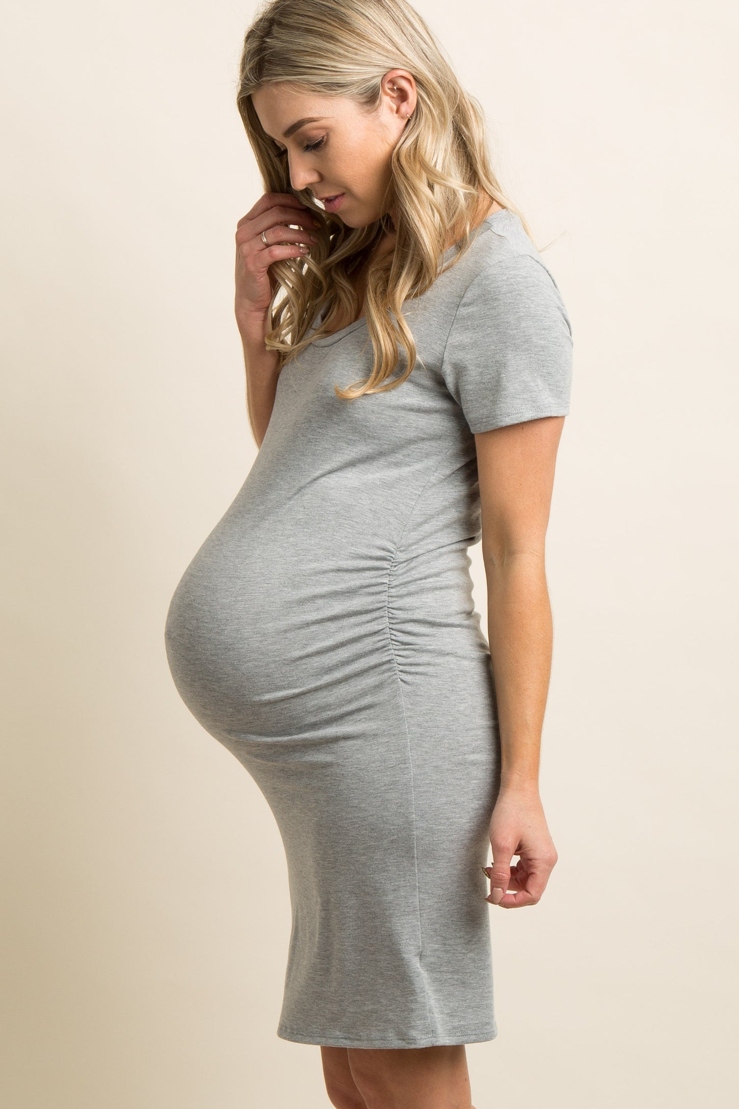 Heather Grey Basic Ruched Fitted Maternity Dress