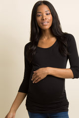 PinkBlush Black Solid 3/4 Sleeve Ruched Maternity Top