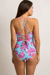 Light Blue Rose Floral Lace-Up Back One-Piece Maternity Swimsuit